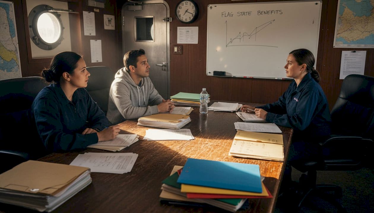 Crew discussing vessel benefits in office setting