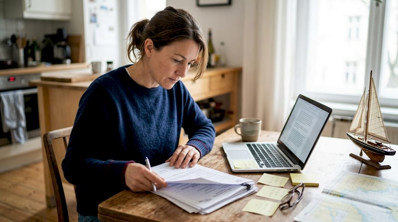 Yacht owner reviewing registration papers at home