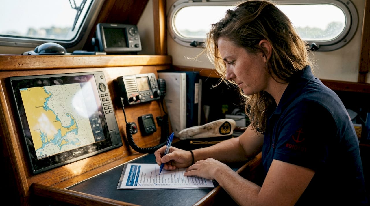 Yacht captain reviews compliance checklist onboard