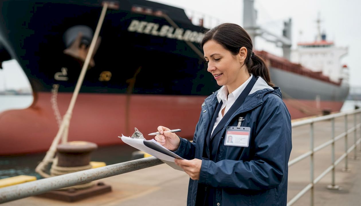 Compliance officer checking vessel registration at dock