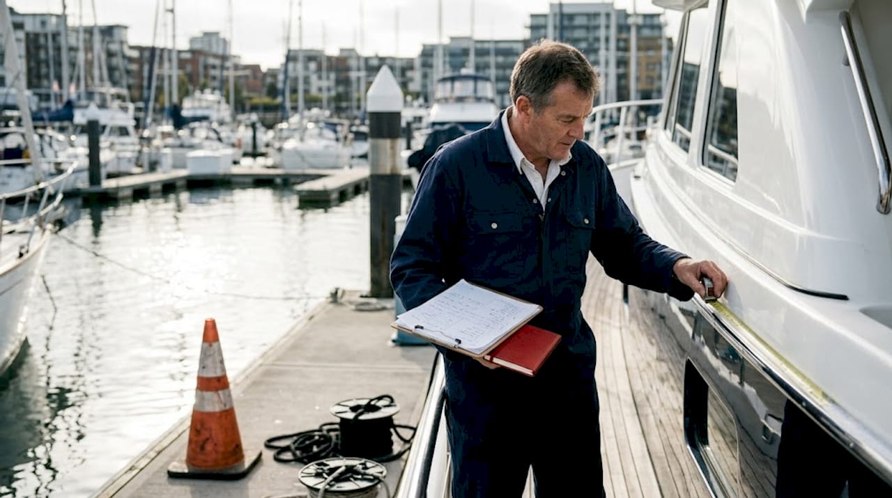 Yacht inspector measures hull at marina