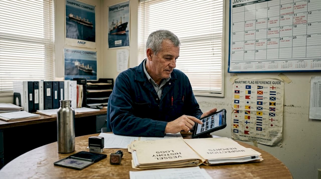 Maritime inspector reviewing ship registration logs
