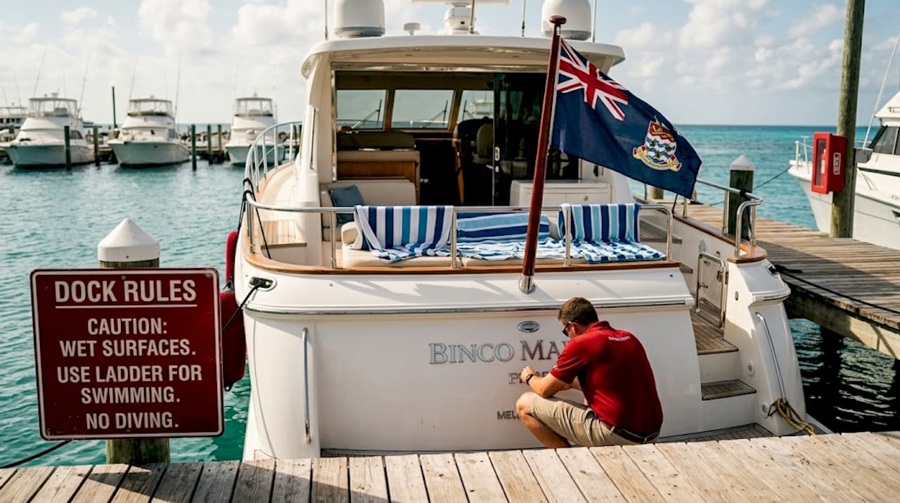 Cayman Islands flag on yacht docked in marina