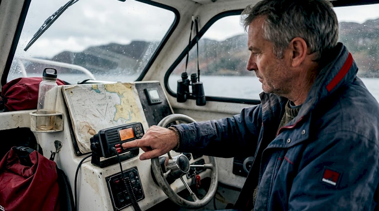 Skipper pressing radio distress alert onboard