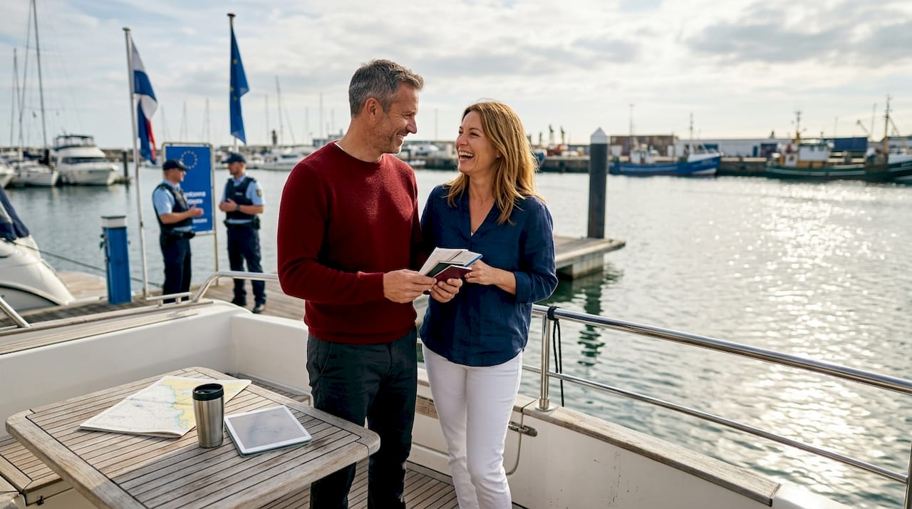 Yacht owners with documents at European marina