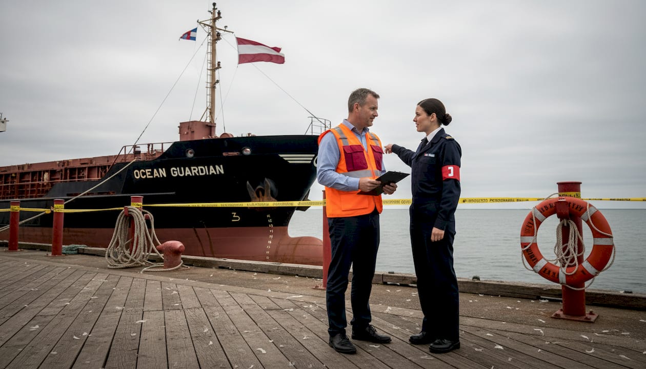 Port inspector and officer beside flagged cargo ship