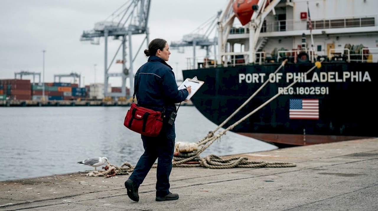Port official reviewing ship registry on pier