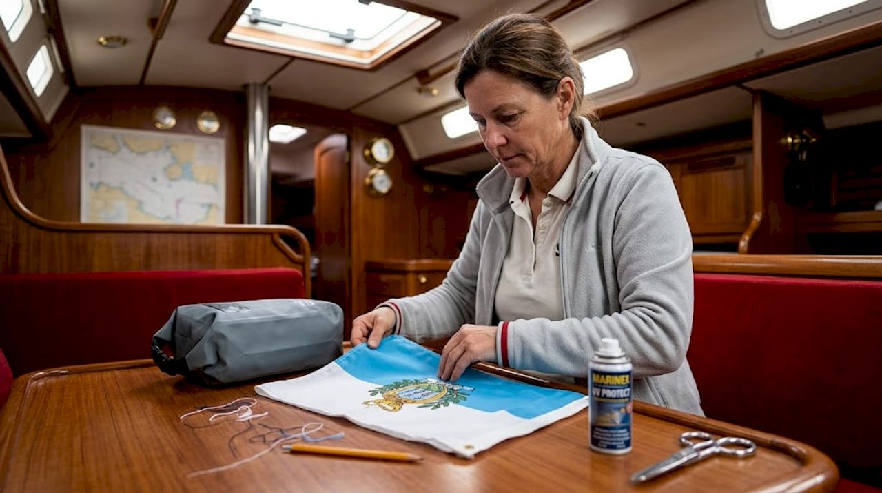 Preparing San Marino yacht flag in cabin