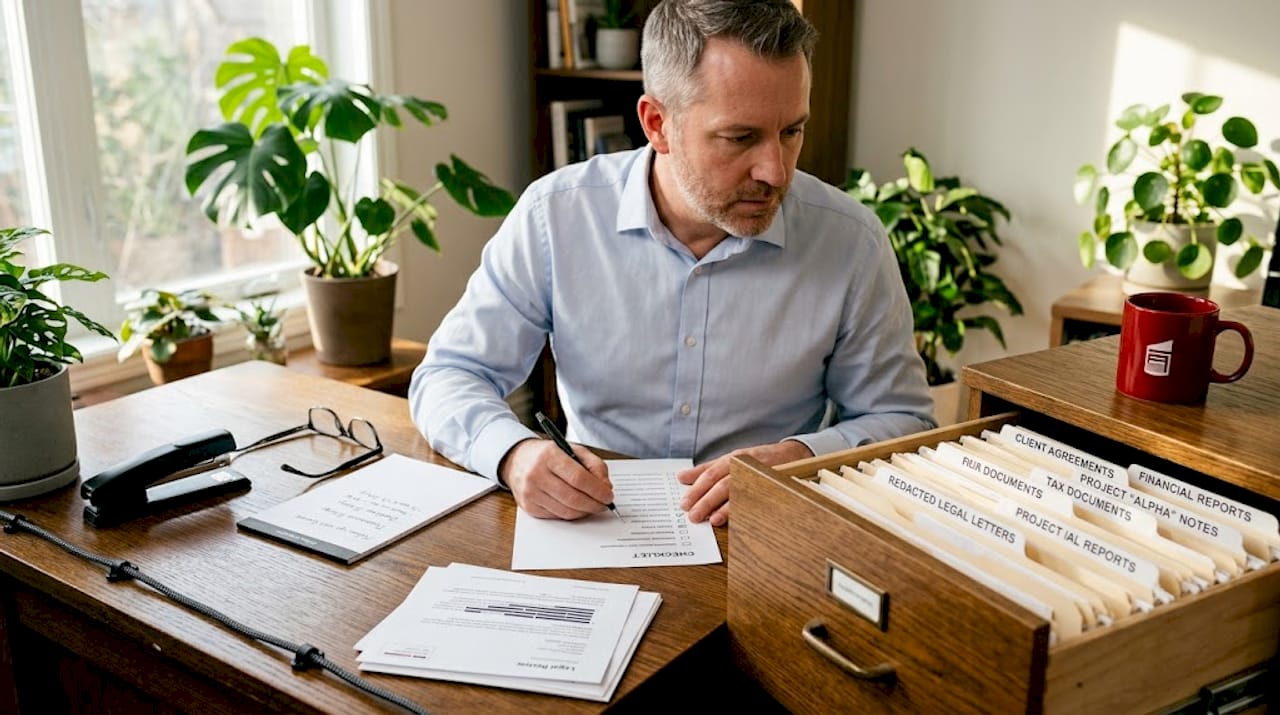 Man verifying checklist in home office with documents