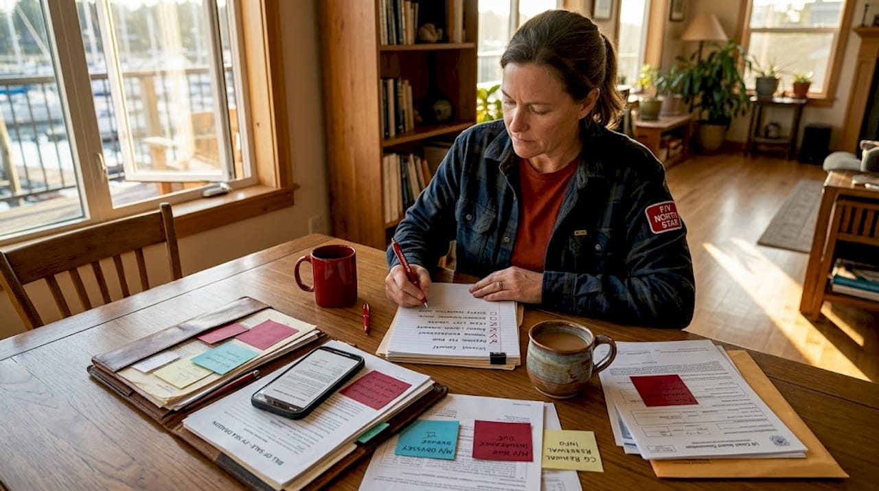 Vessel owner sorting registration documents at table