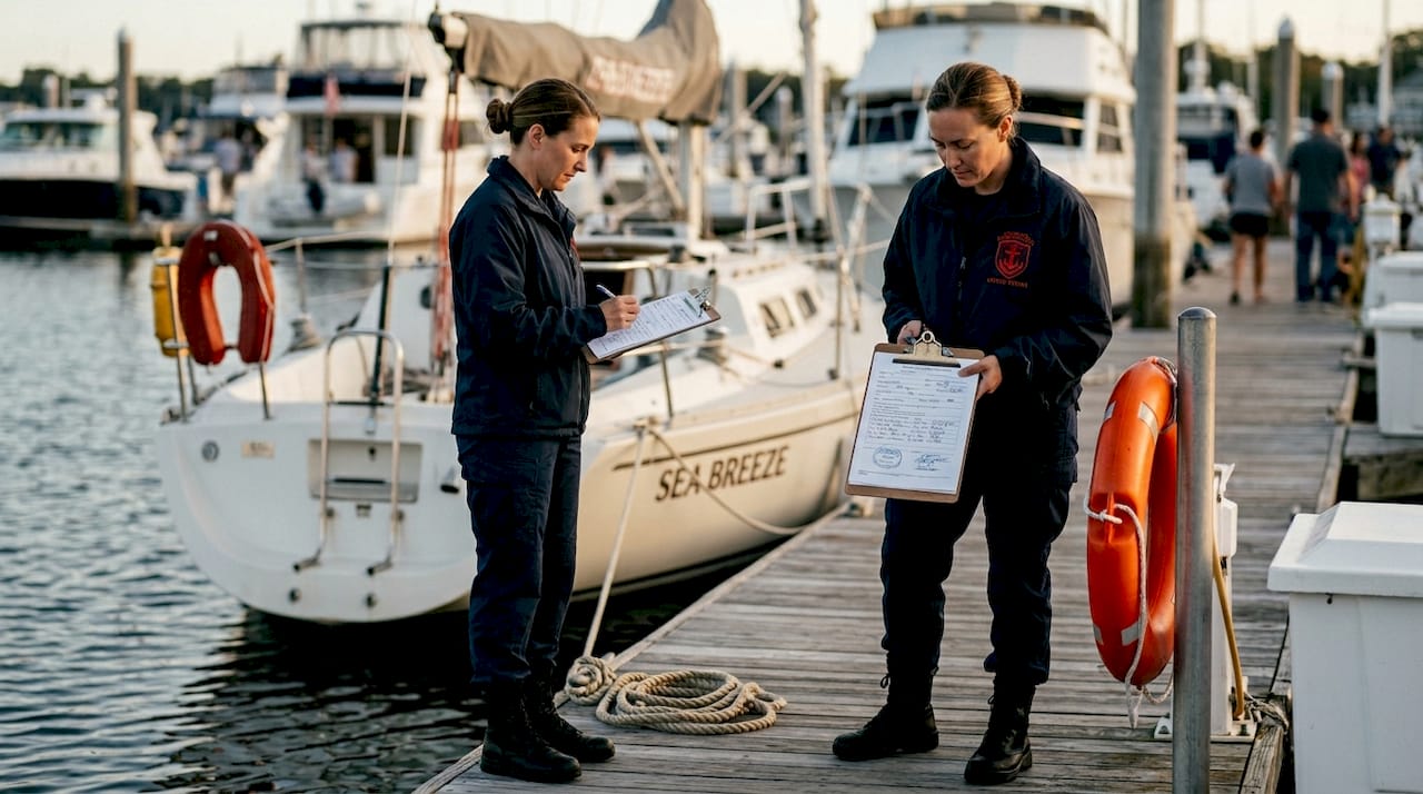 Compliance officer inspecting yacht documents dockside