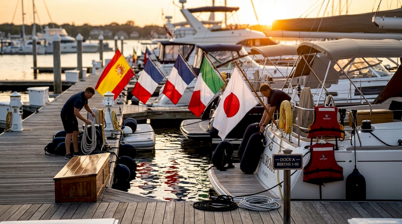 Yacht marina with various national flags