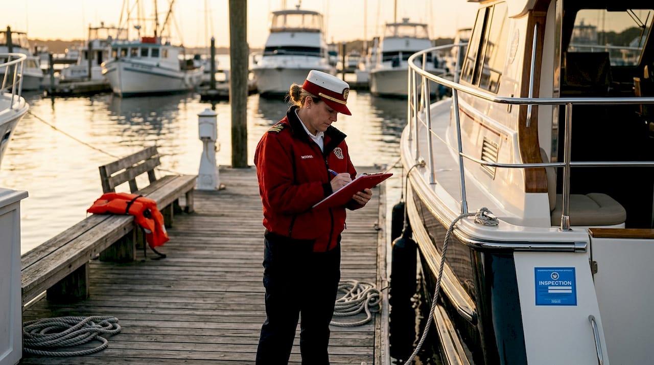 Maritime official inspecting yacht at marina
