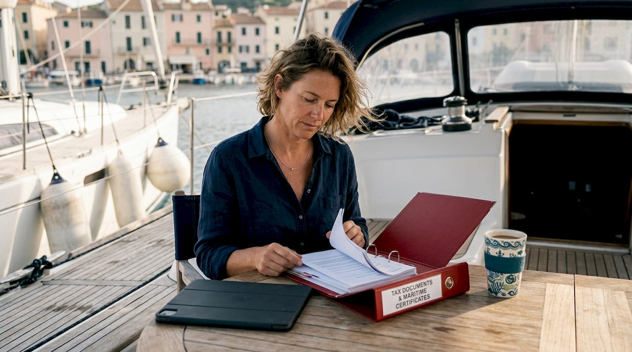 Yacht owner checks registration documents onboard
