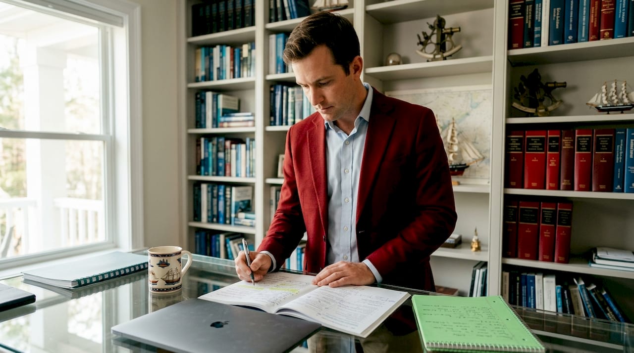 Broker compares flag states at cluttered desk