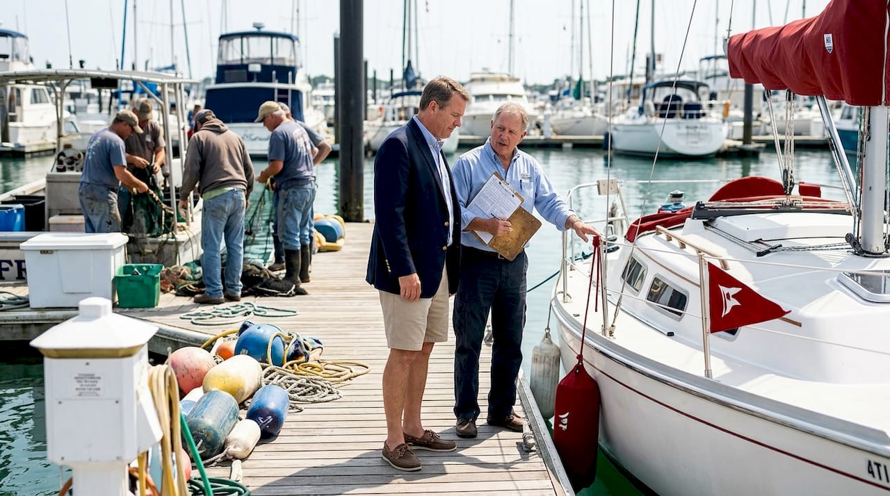 Broker and surveyor preparing yacht inspection on dock