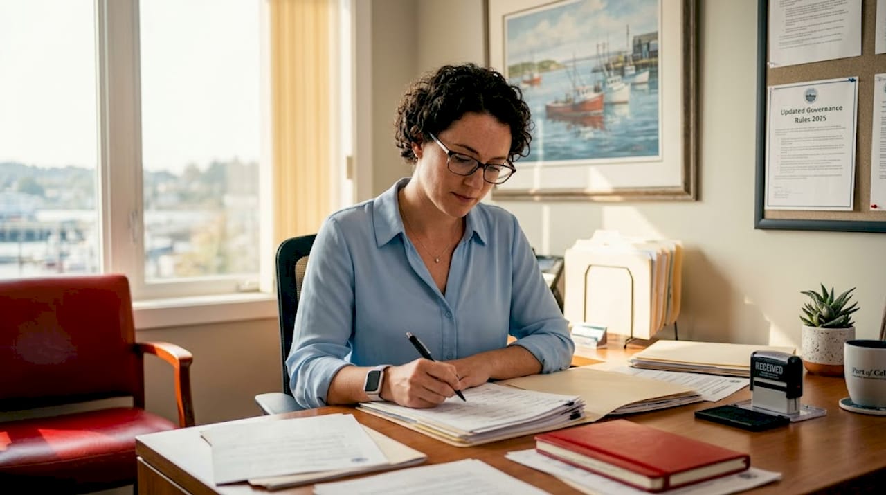 Compliance officer checks vessel registration documents