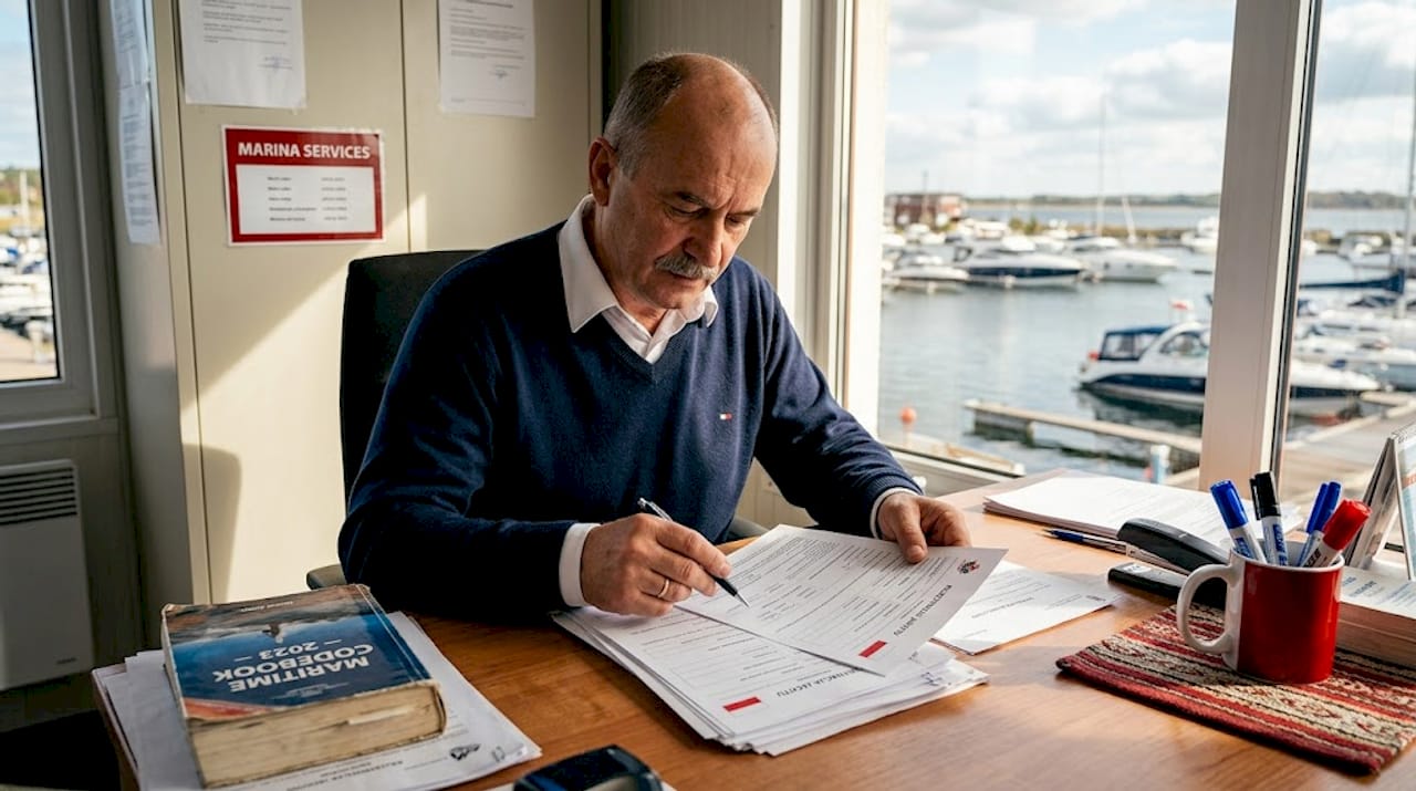 Clerk reviewing Polish vessel registration paperwork