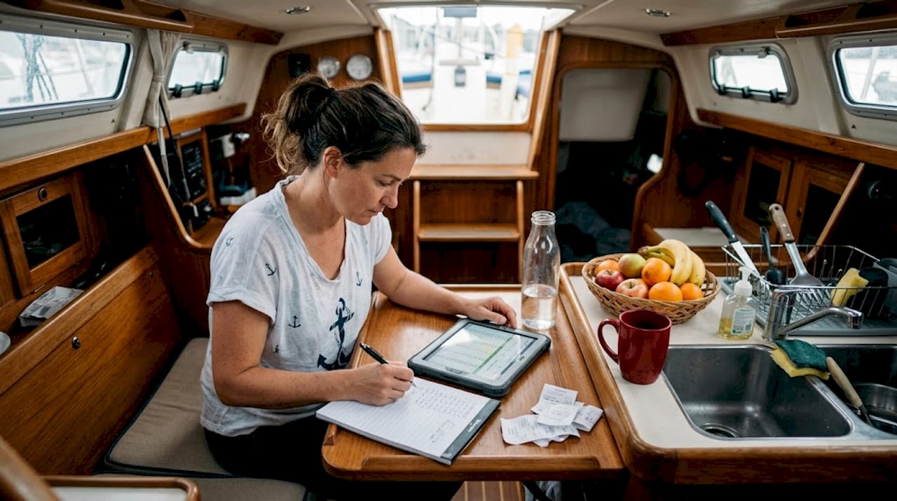 Charter guest calculates costs in sailboat galley