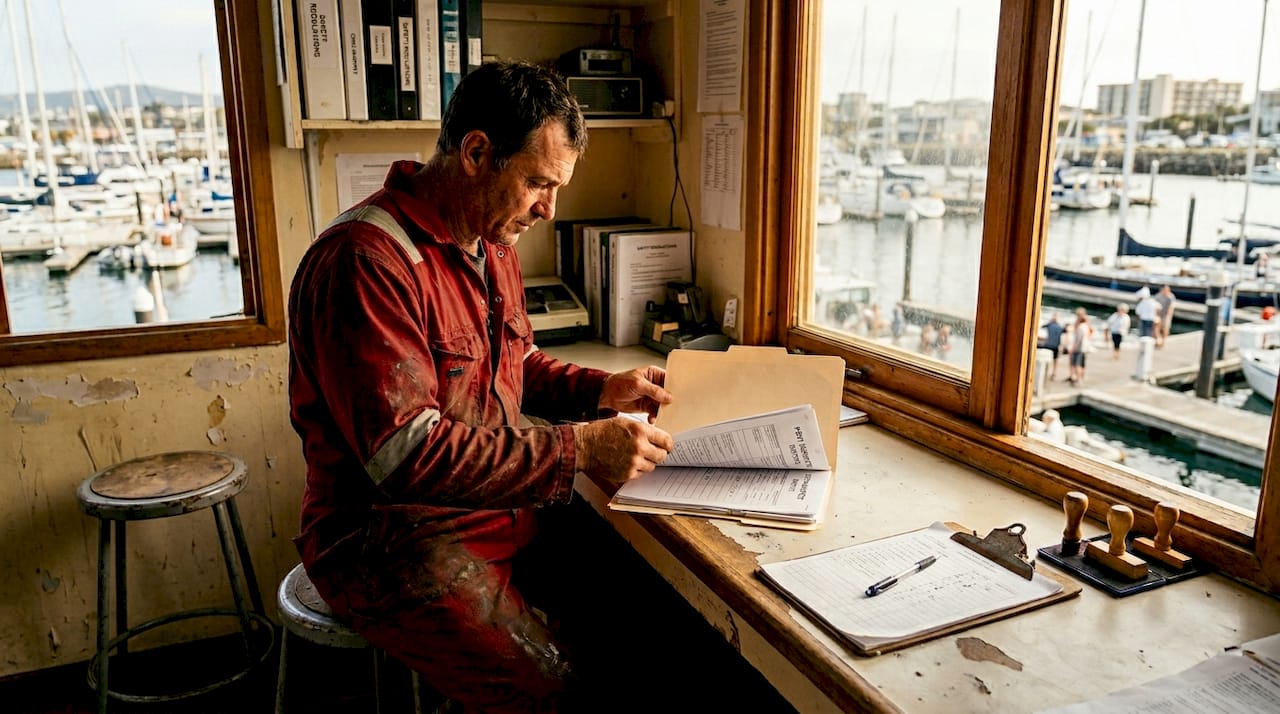 Crew member reviewing port inspection documents