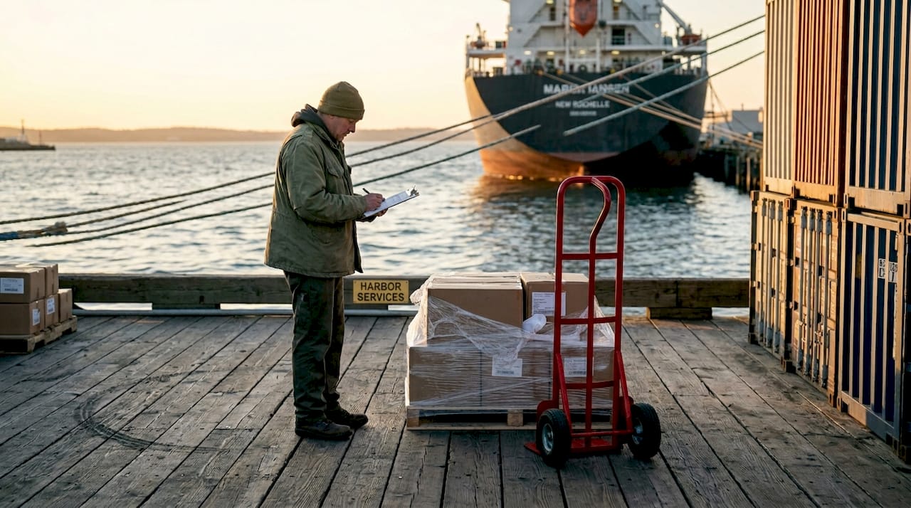 Dock worker inspecting cargo by moored vessel