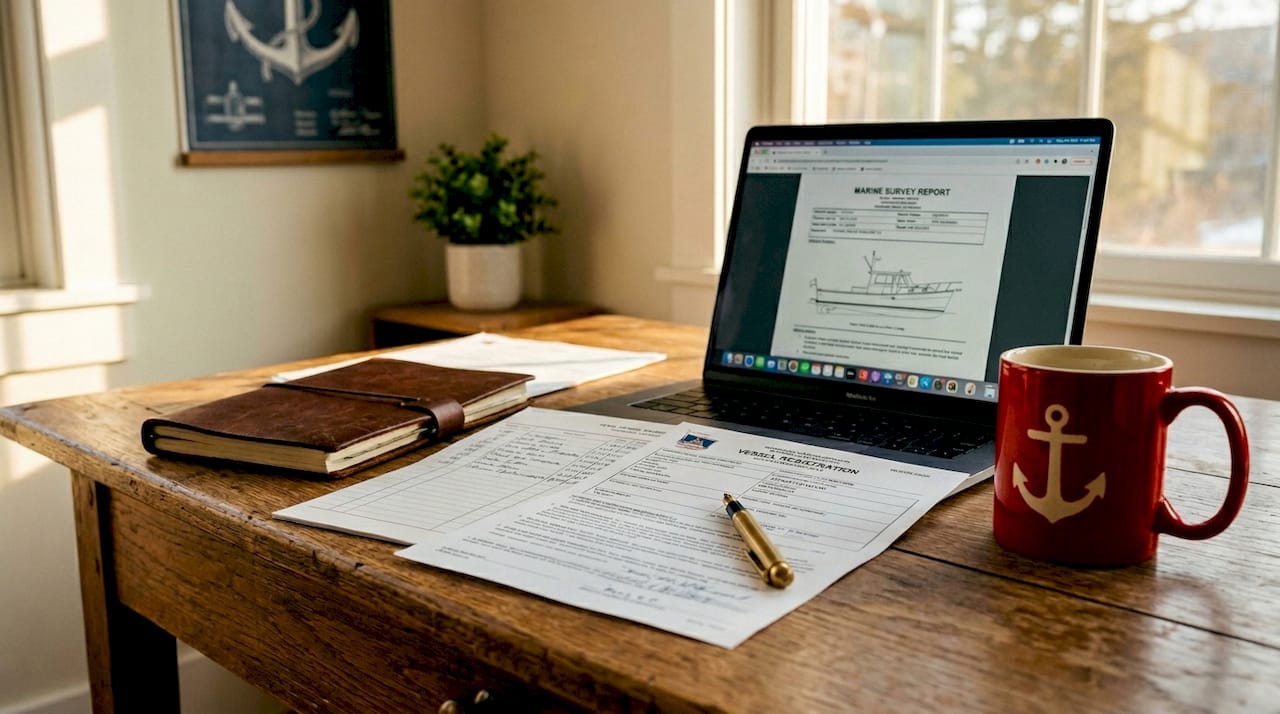 Close-up of vessel registration and survey documents