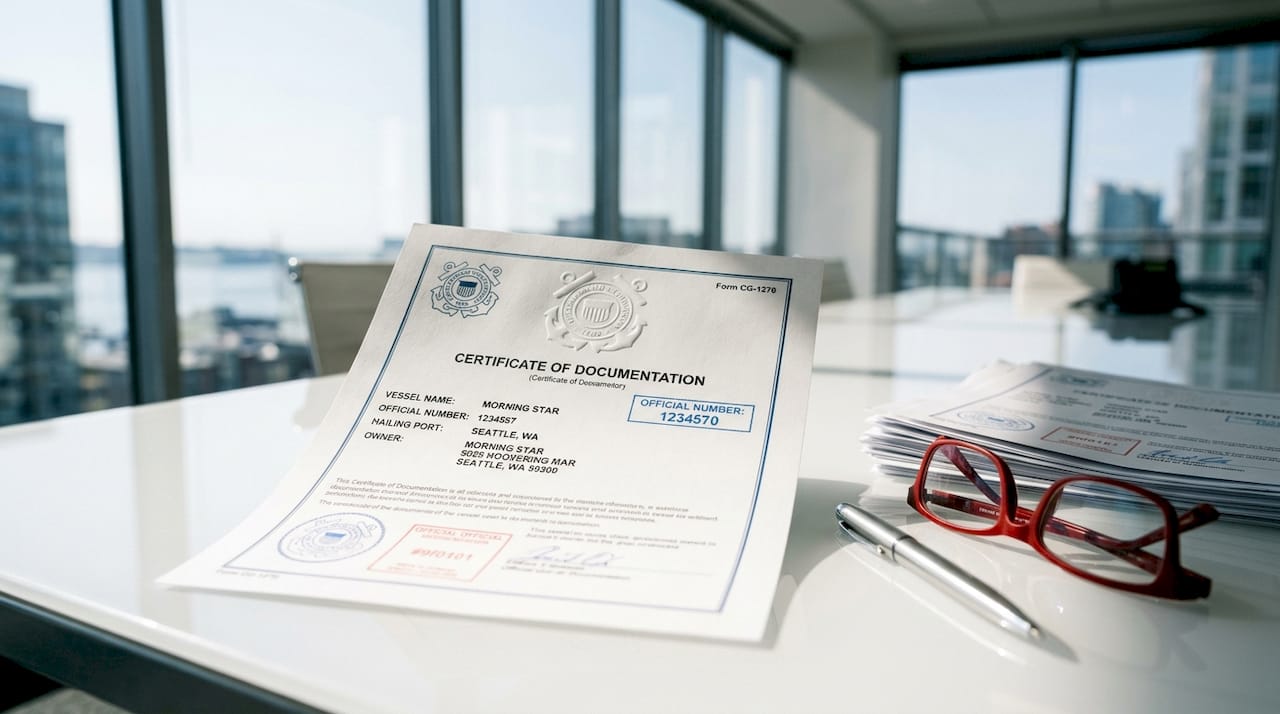 Close-up of official vessel Certificate of Documentation
