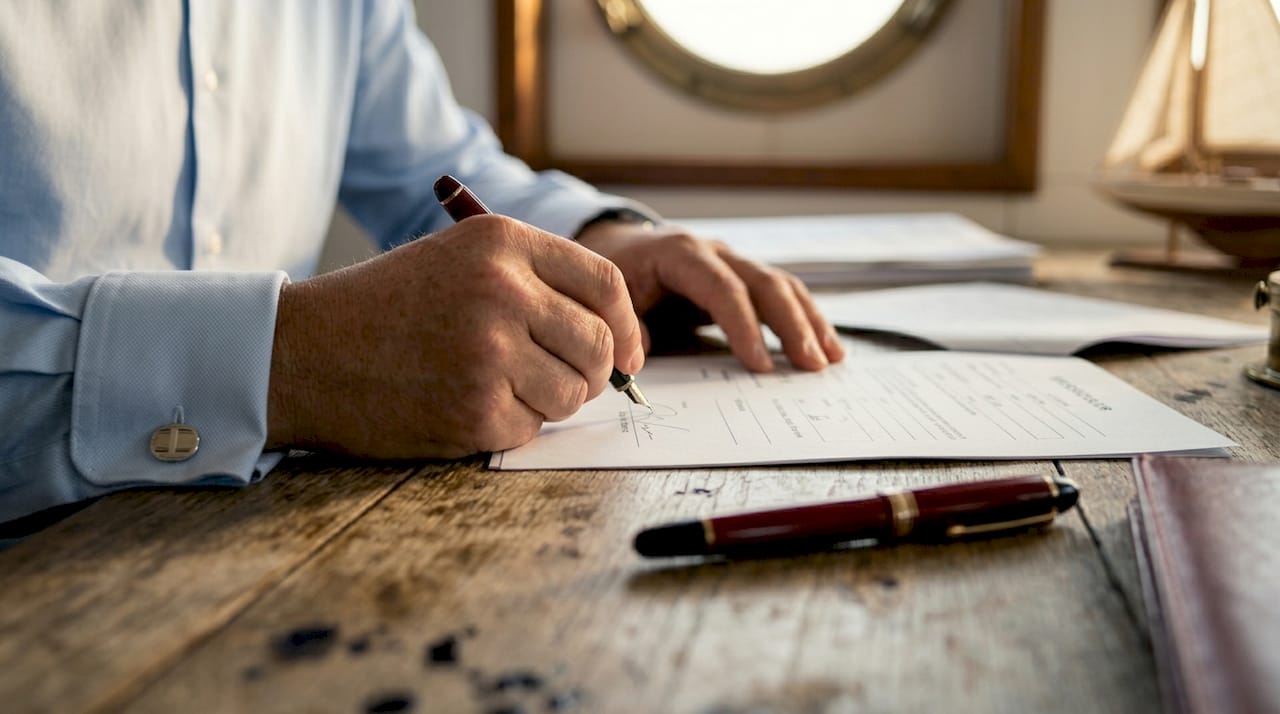 Yacht owner signing corporate registration documents