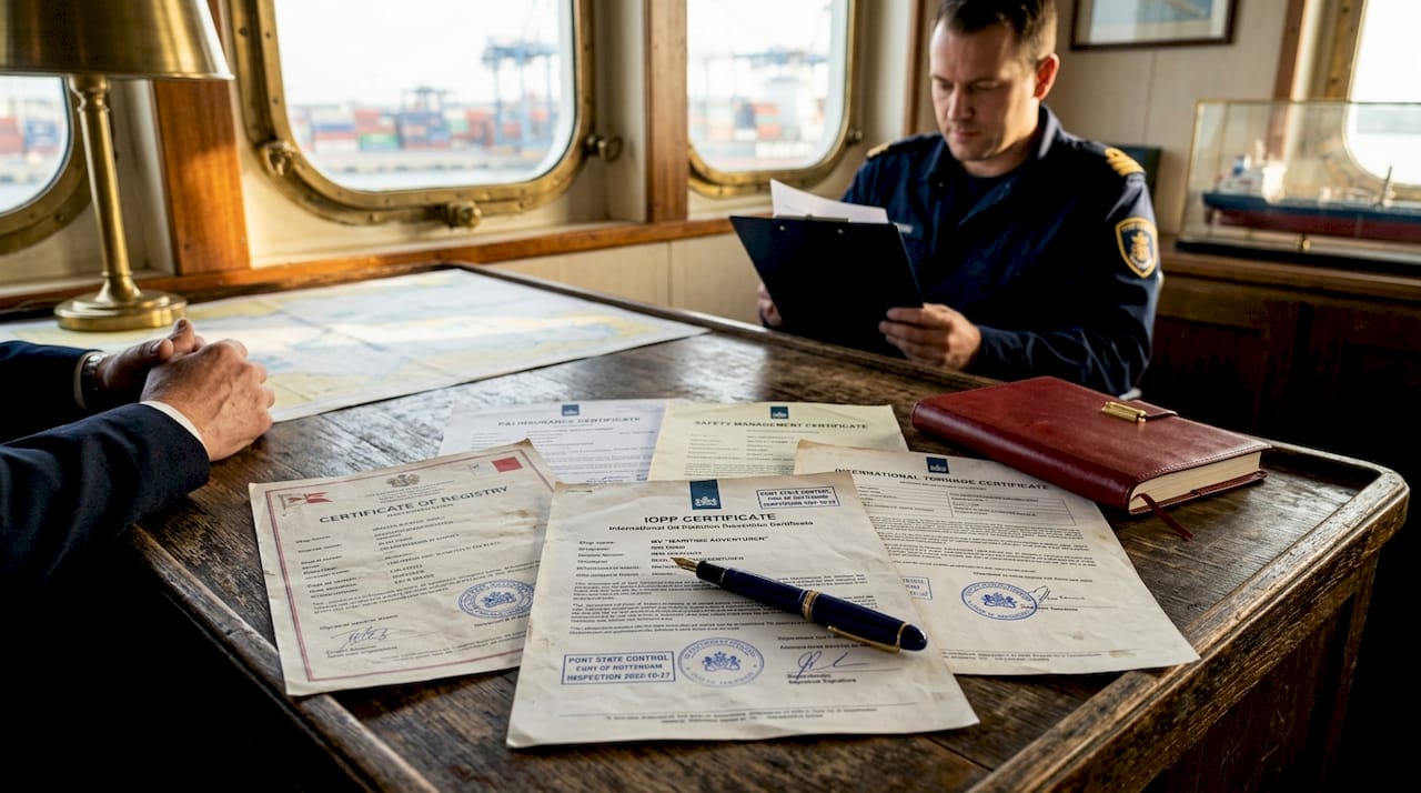 Official vessel certificates laid out on desk