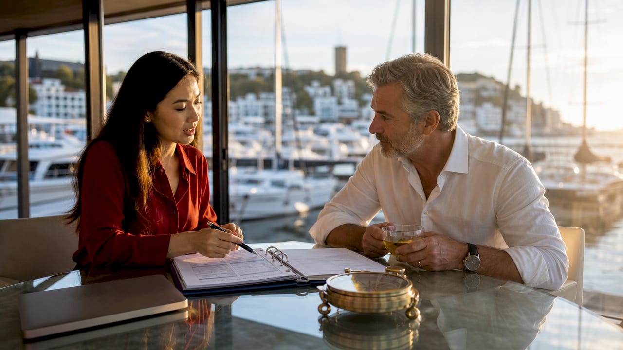 Consultants discussing yacht management documents
