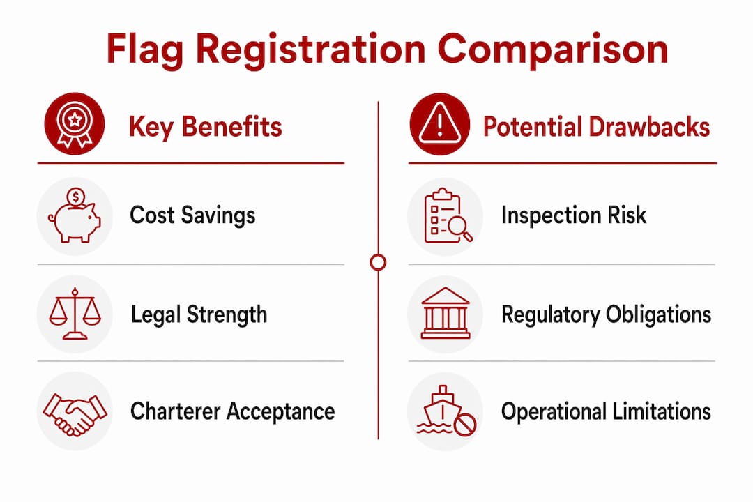 Infographic comparing key benefits and drawbacks of foreign flag registration