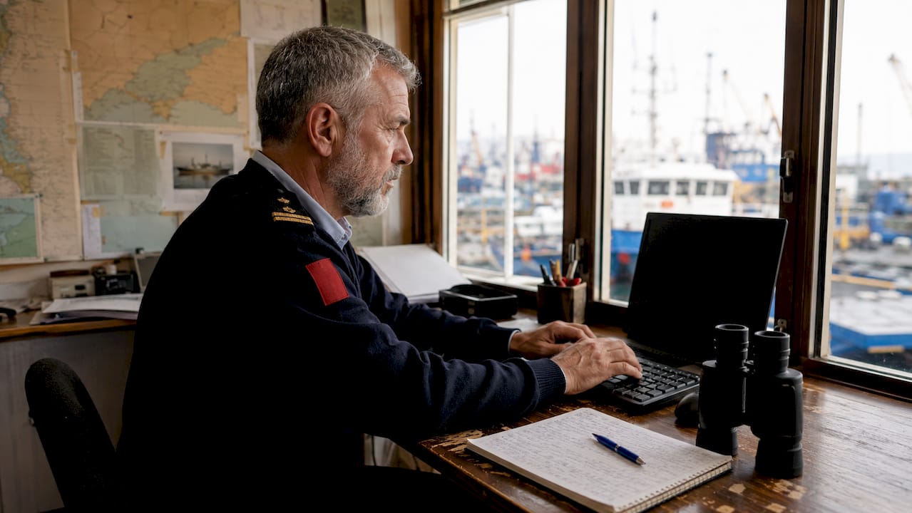 Enforcement official monitoring maritime data screens