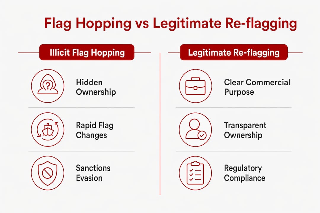 Infographic comparing illicit flag hopping and legitimate re-flagging