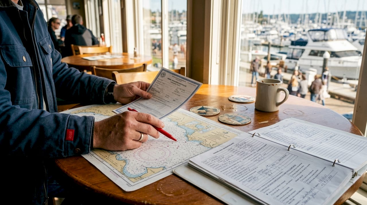 Overhead view of surveyor reviewing vessel paperwork