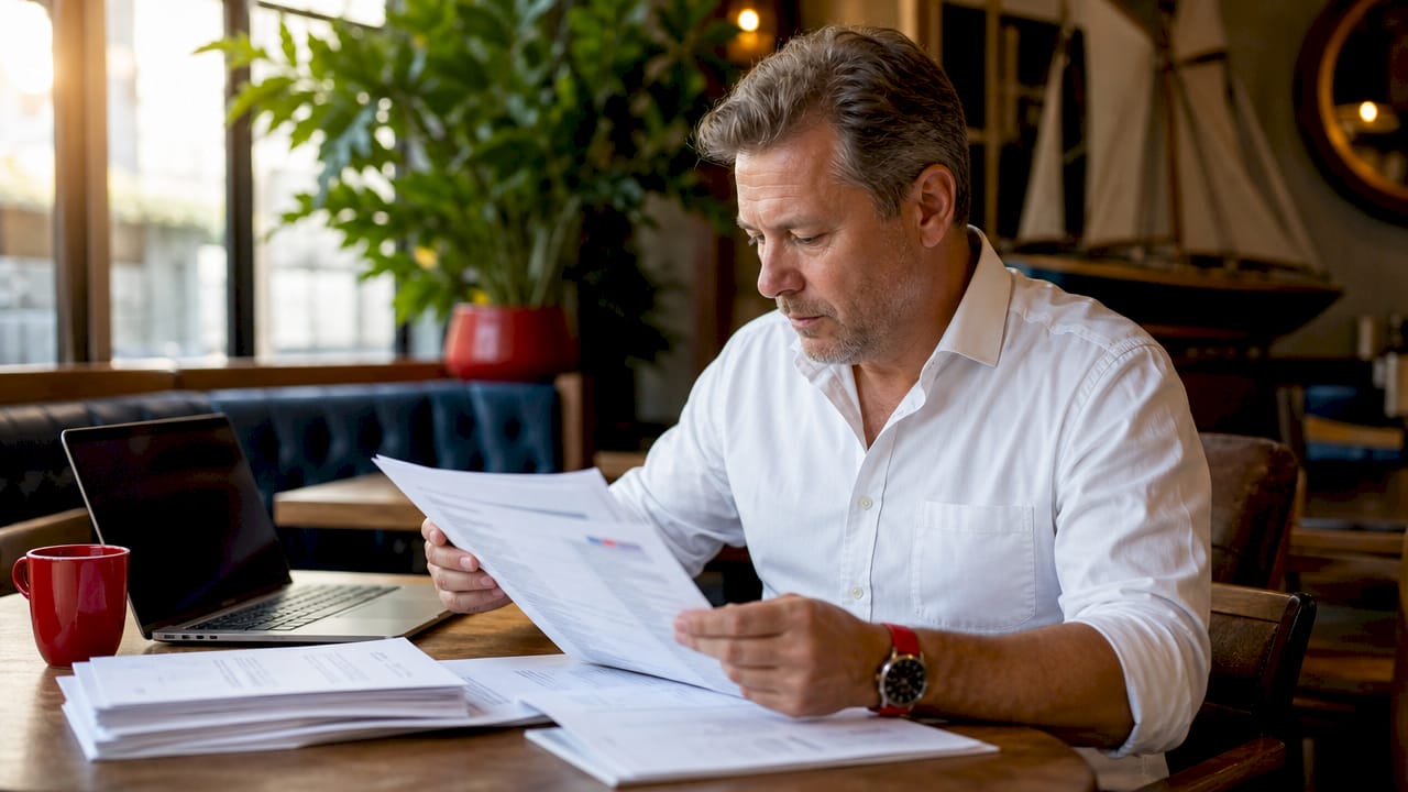 Insurance underwriter reviewing flag registration papers