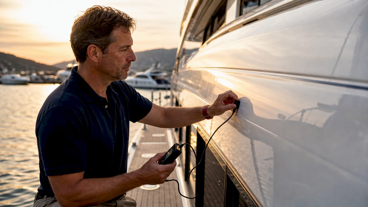 Surveyor hands using moisture meter on yacht hull