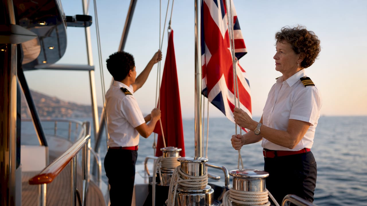 Officials performing yacht flag change ceremony