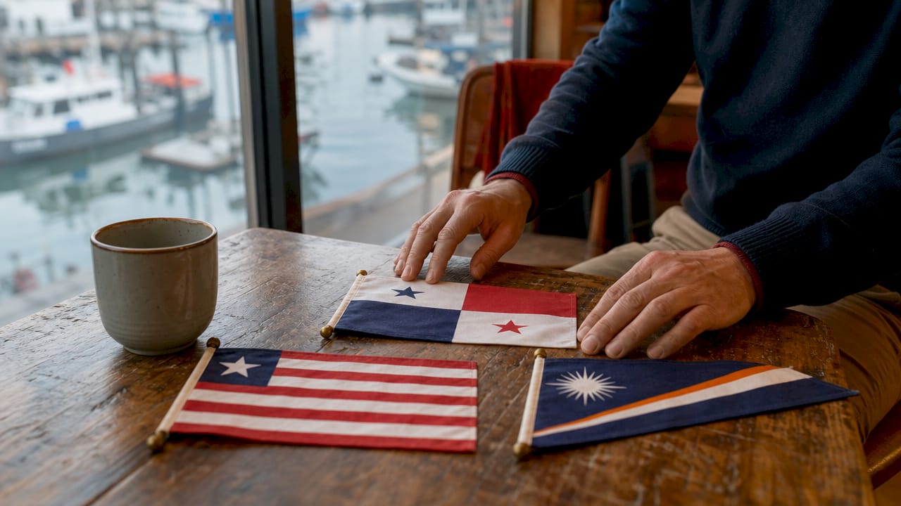 Close-up of hands with maritime flag pennants