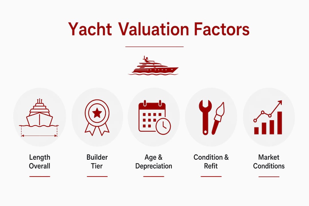 Infographic showing key yacht valuation factors in ranked order
