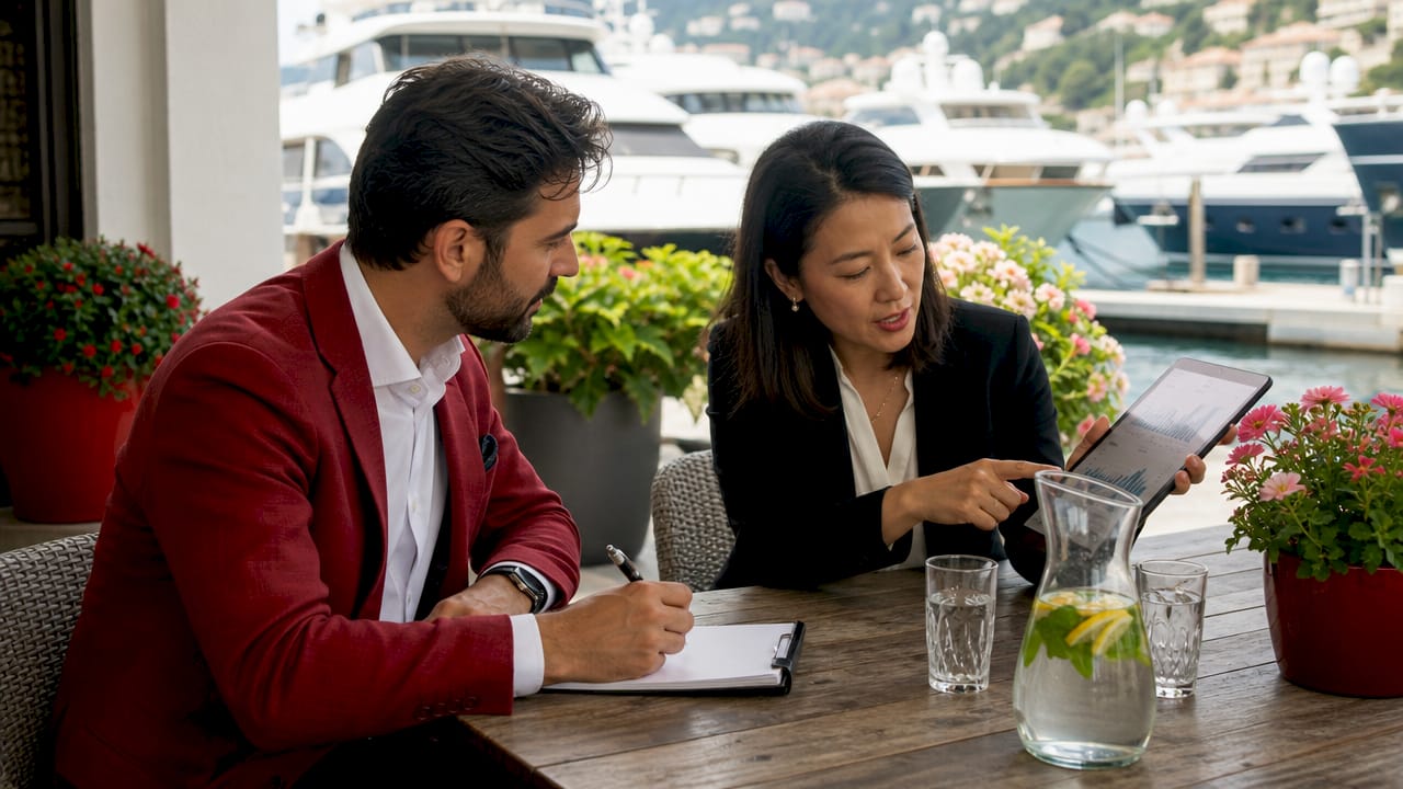 Two yacht brokers discussing commission rates in meeting