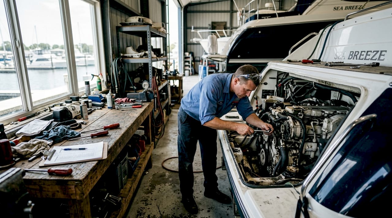 Hands inspecting yacht engine for warranty