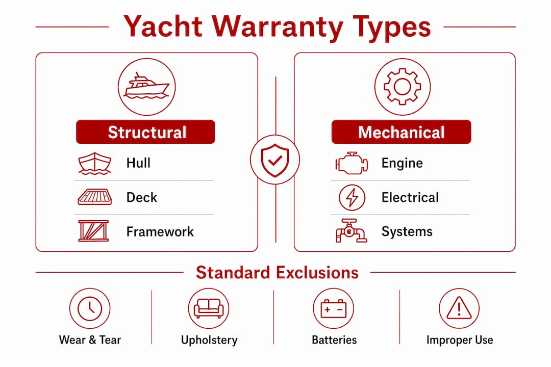 Infographic comparing structural and mechanical yacht warranties with exclusions