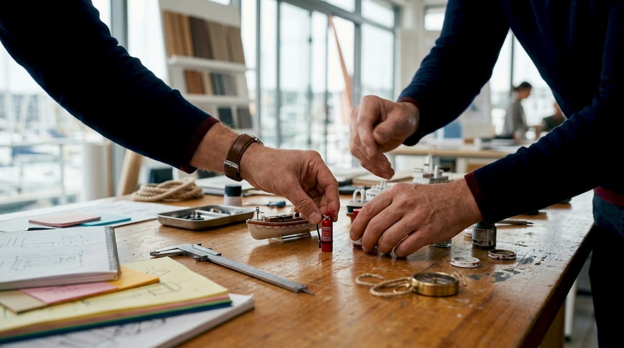 Hands inspecting fire safety equipment models