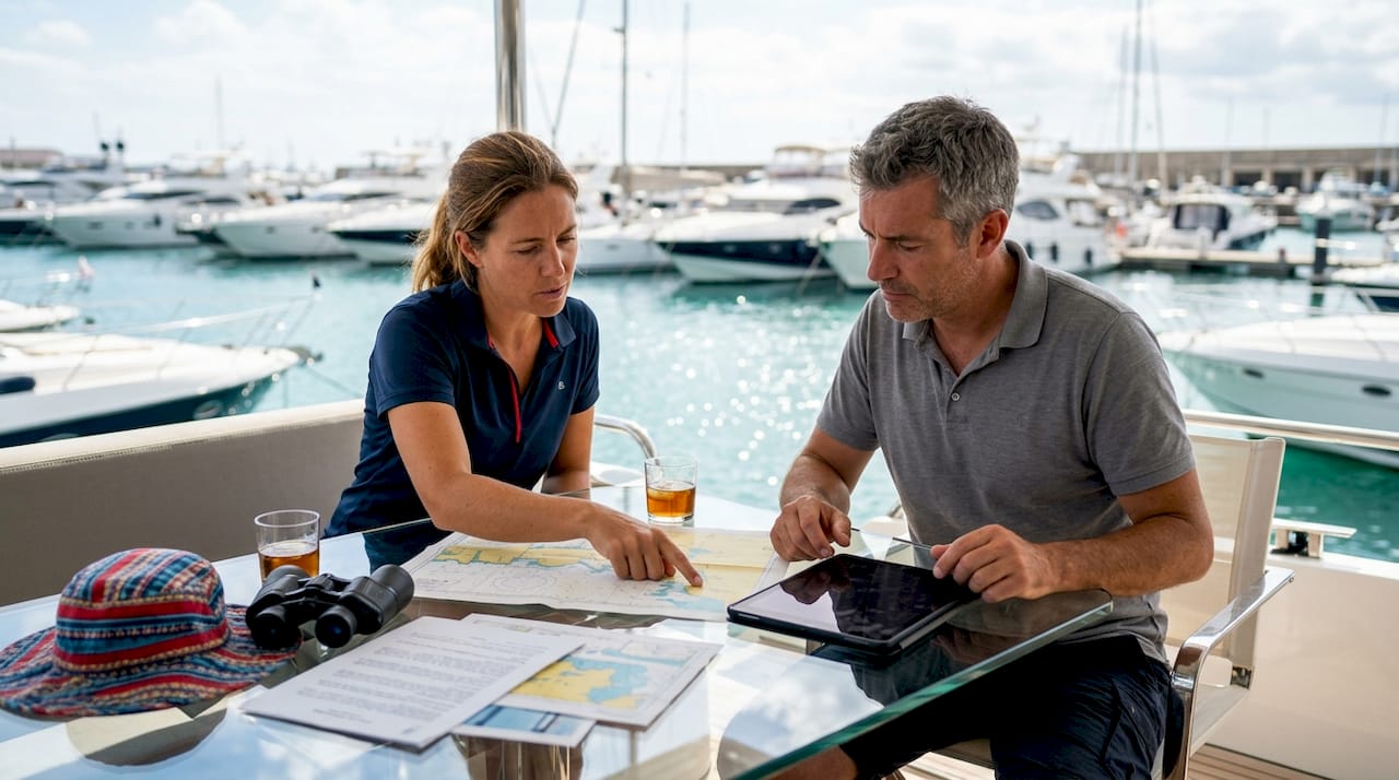 Maritime professionals discussing yacht operating limits on deck