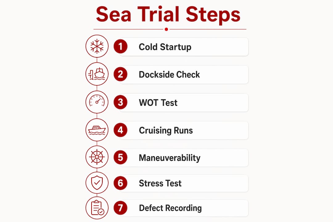 Infographic illustrating yacht sea trial steps