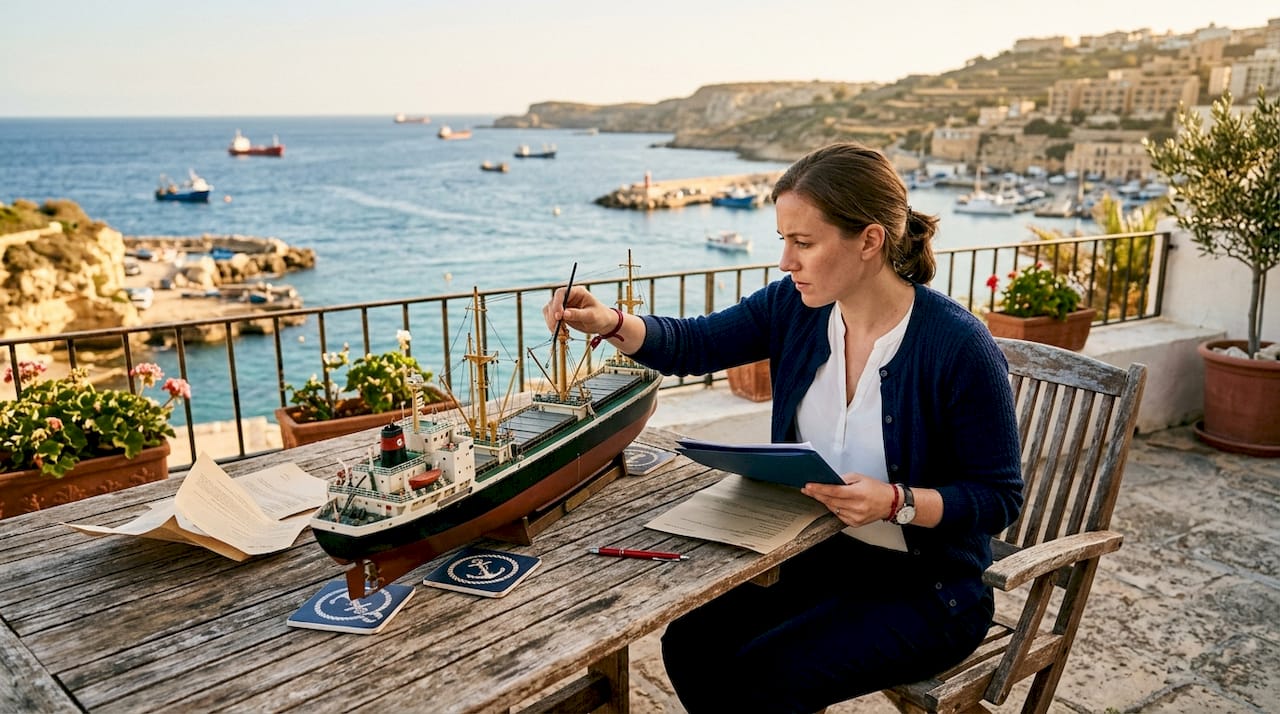 Hands adjusting model ship with insurance documents