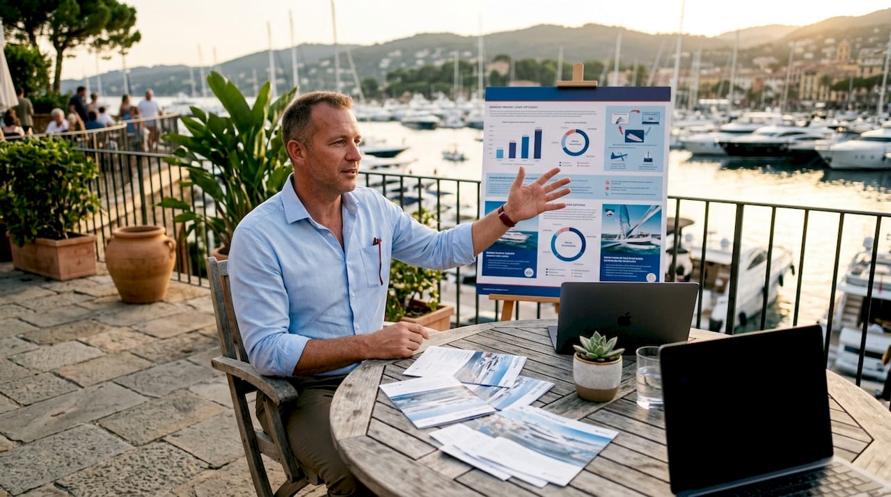 Broker pointing at marine loan options chart