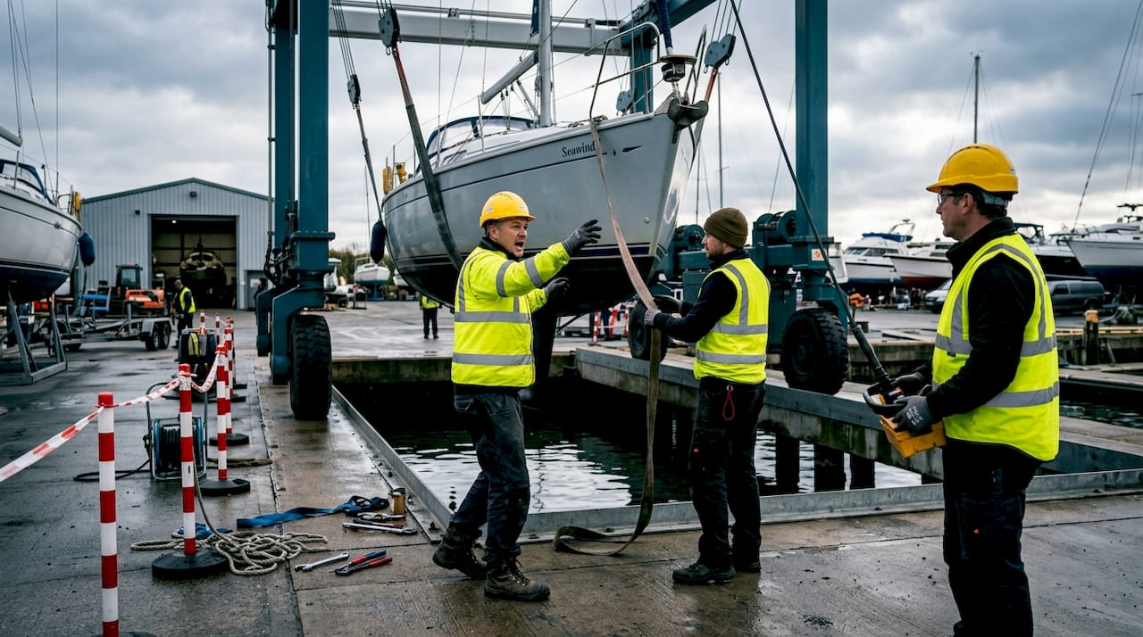 Boat being lifted out of water by crew at boatyard