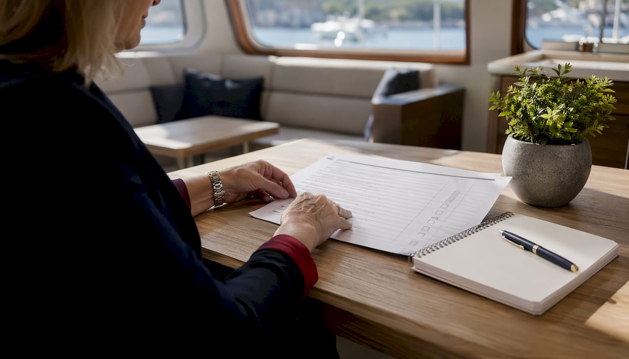 Hands pointing at yacht tender compliance checklist on table