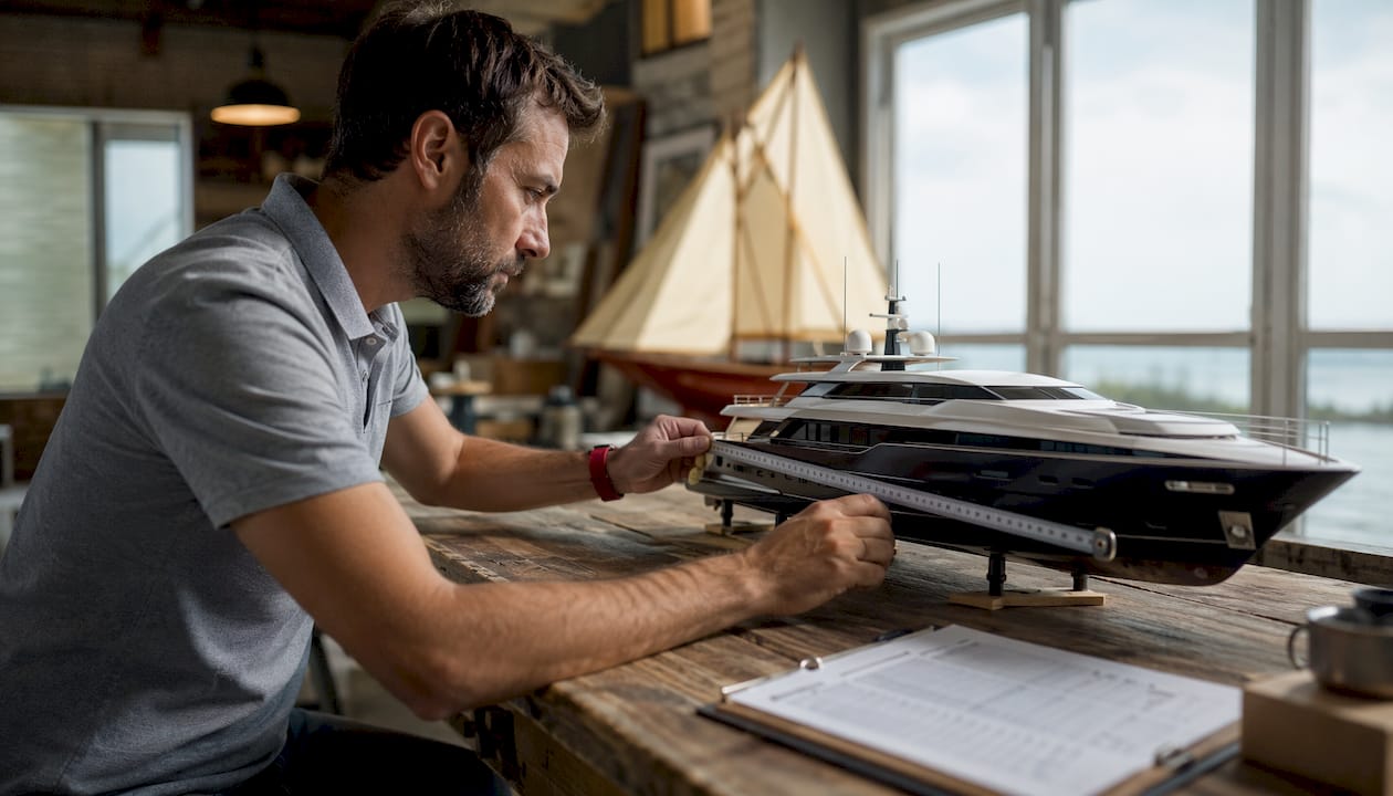 Hands measuring yacht model for fee calculation